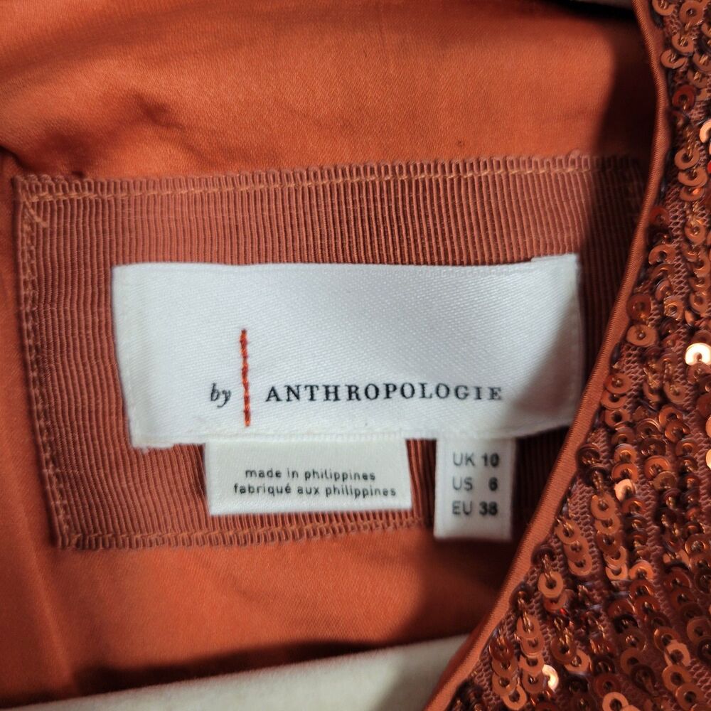 BY ANTHROPOLOGIE Marie Orange Sequin Puff Sleeve Top Event Glam Party SIZE 6 - Picture 10 of 16